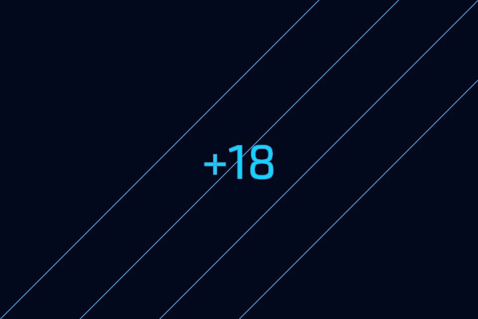 Símbolo +18 en cian sobre fondo azul marino con líneas diagonales